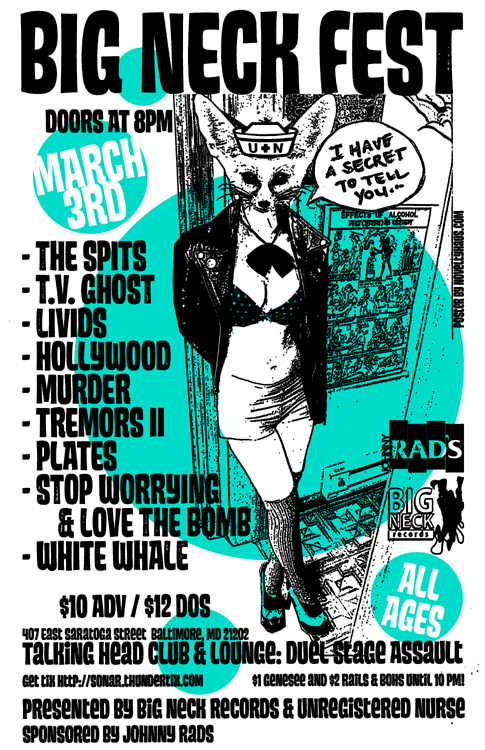 noveltyhaus big neck records fest poster image the spits tv ghost livids hollywood murder stop worrying and love the bomb sonar talking head club baltimore punk rock and roll noel danger design